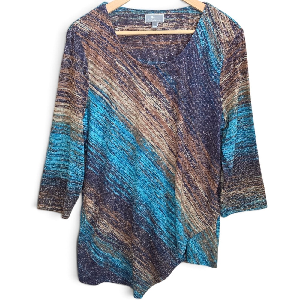 JM Collection Top Womens XL Brown Teal Scoop Neck Blouse 3/4 Sleeve Tunic